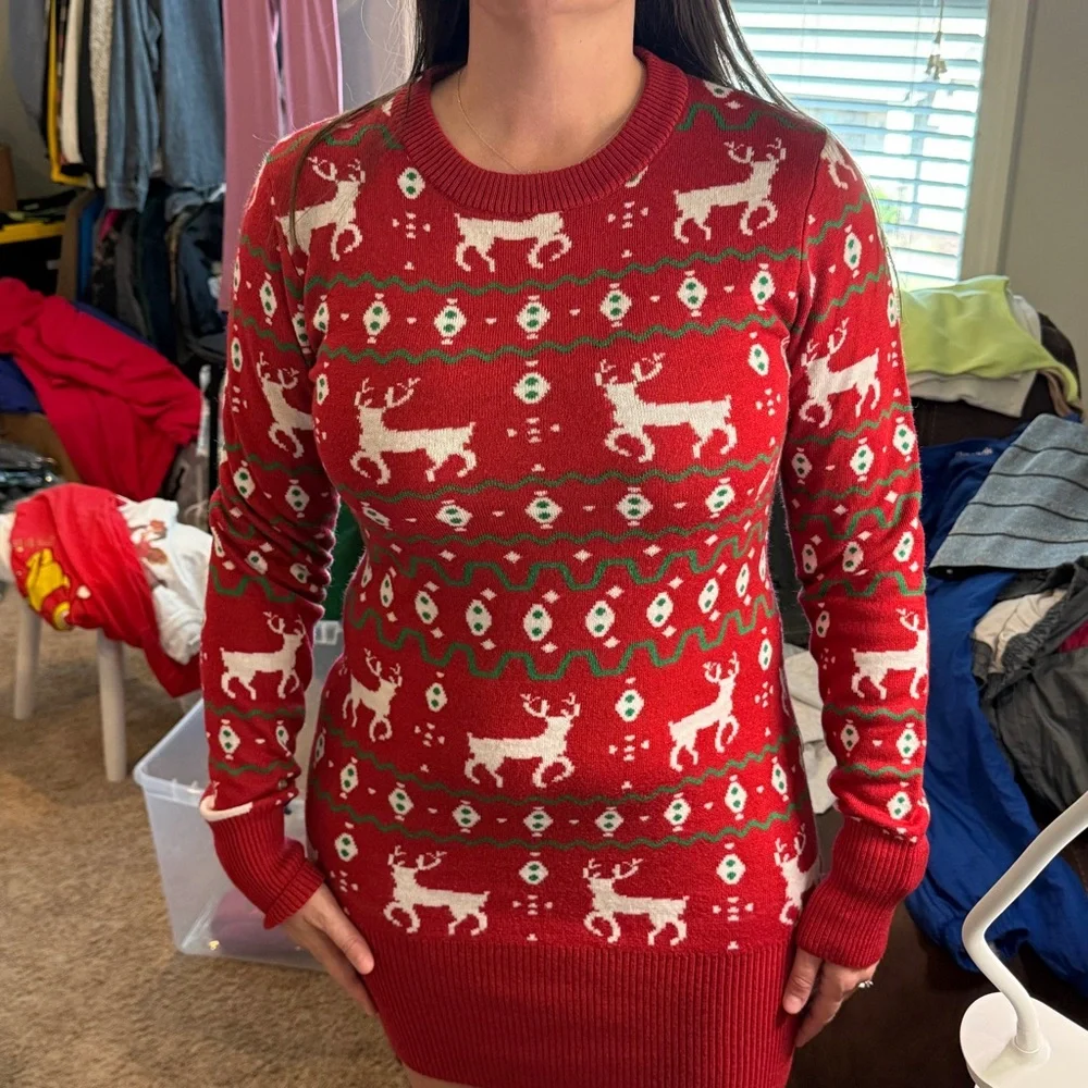 Tipsy Elves Women’s Christmas Sweater Dress Red Reindeer Ugly Holiday Party‎ M